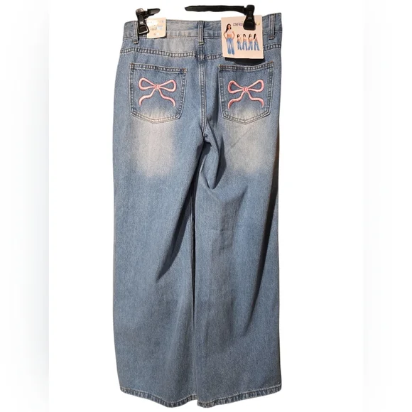 Telepatía Women’s Embroidered Pink Bow Tie Acid Jeans Low Rise Size 9/29 New - Picture 2 of 5